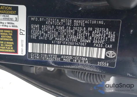 2016 Toyota Camry Se z USA, uszkodzony, nr VIN 4T1BF1FK2GU147067